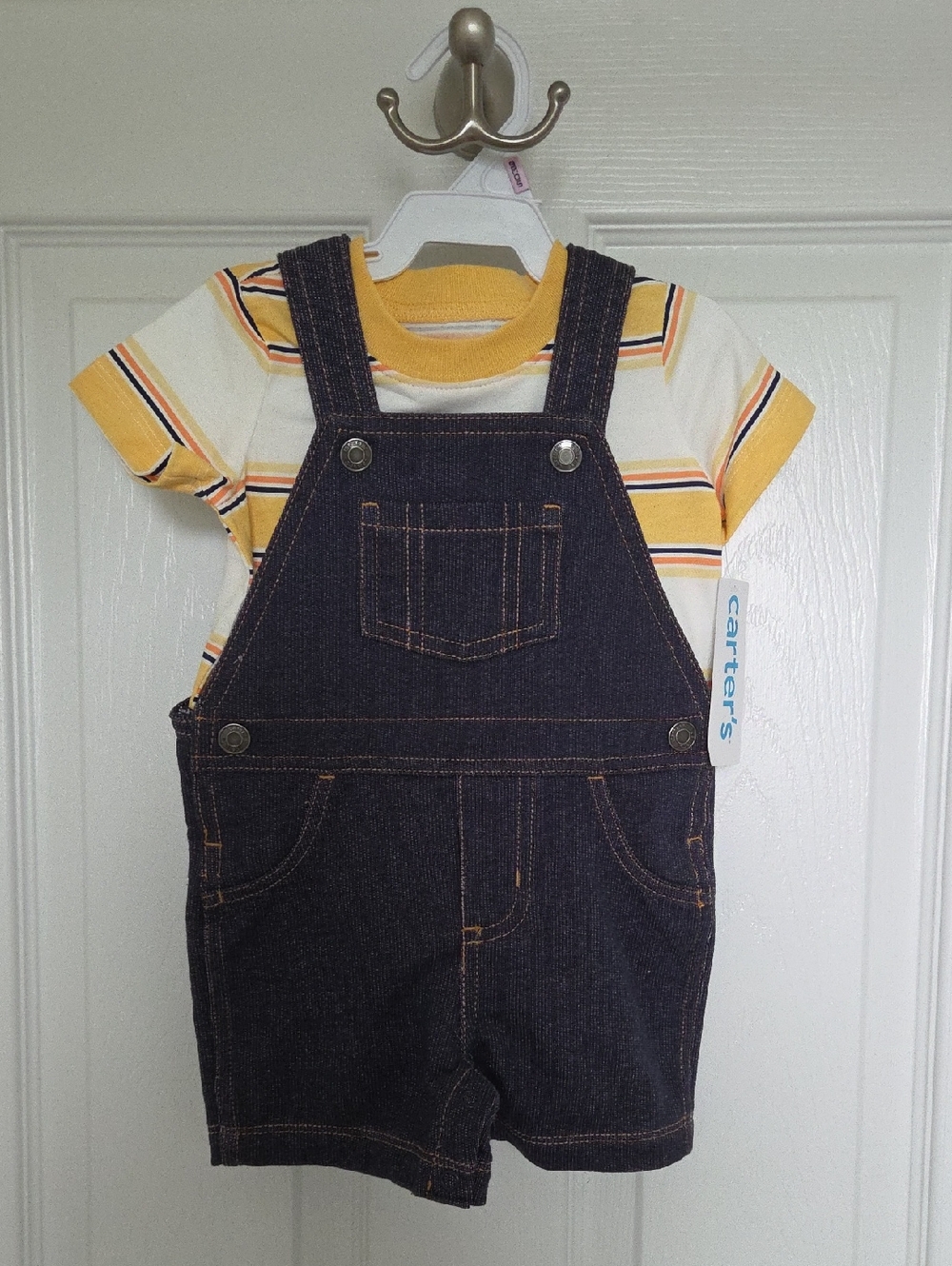 NWT Carter's Yellow Stripe Tee with Dark Denim Short Overalls